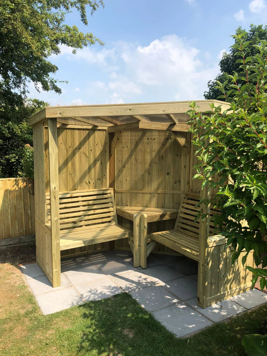 corner wooden garden arbour