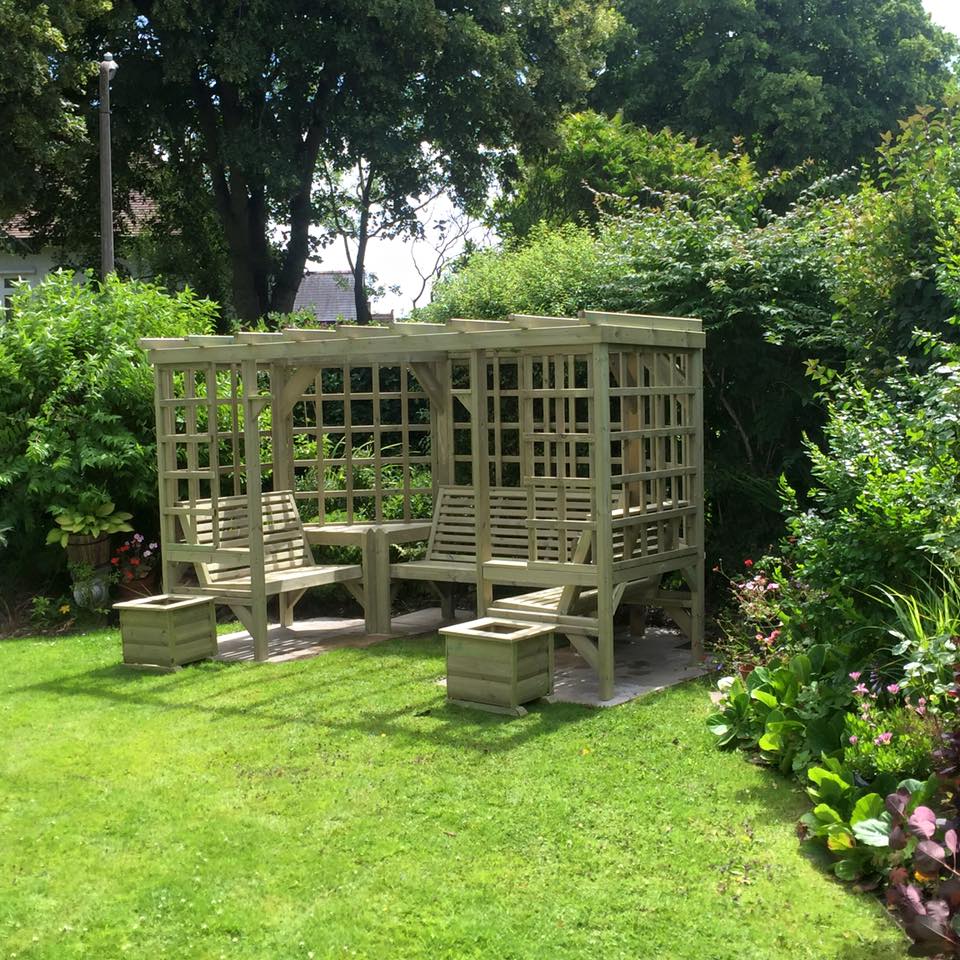 Riviera Large Chunky Wooden Corner Garden Arbour with Triple Bench