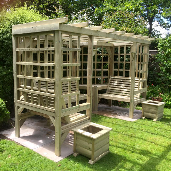 Riviera Large Trellis Chunky Wooden Corner Garden Arbour with Triple Bench