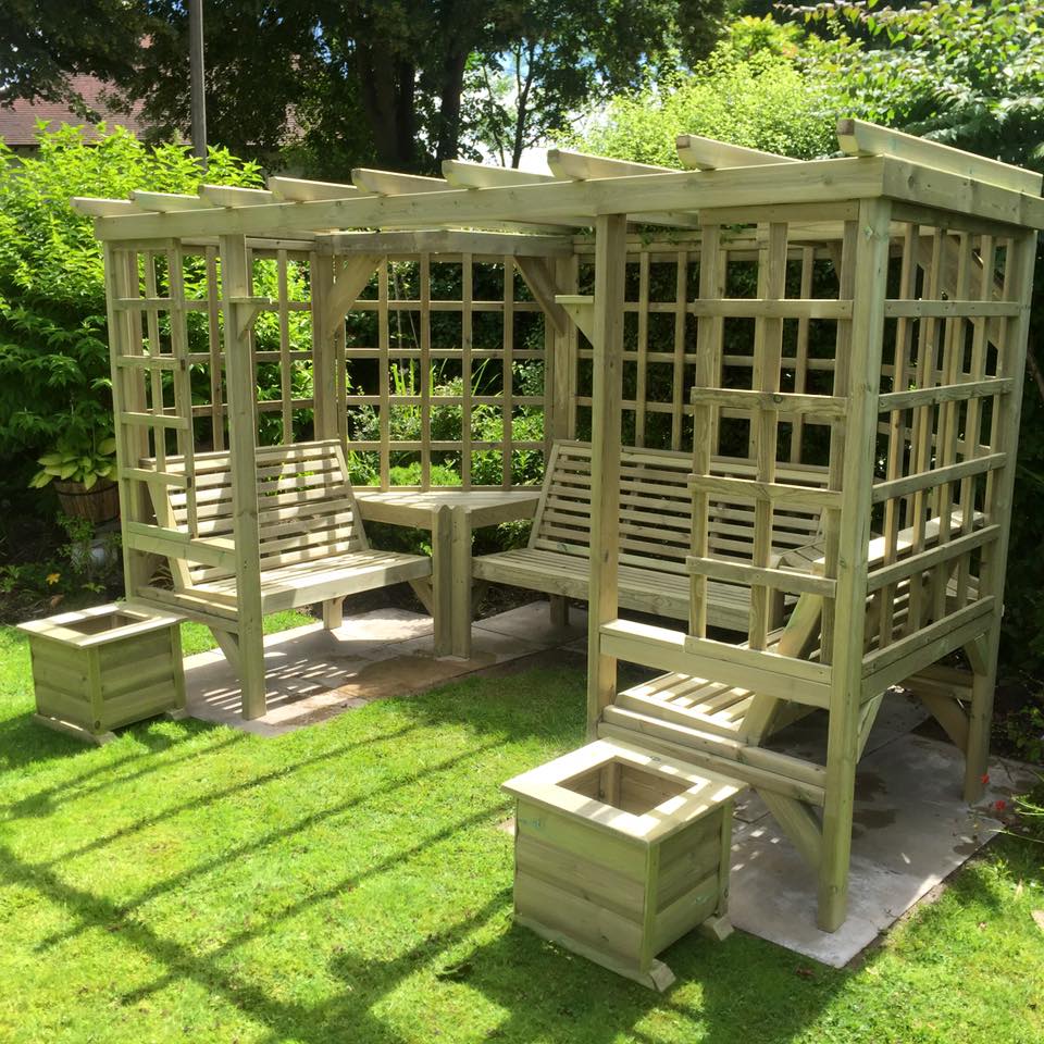 Riviera Large Chunky Wooden Corner Garden Arbour with Triple Bench