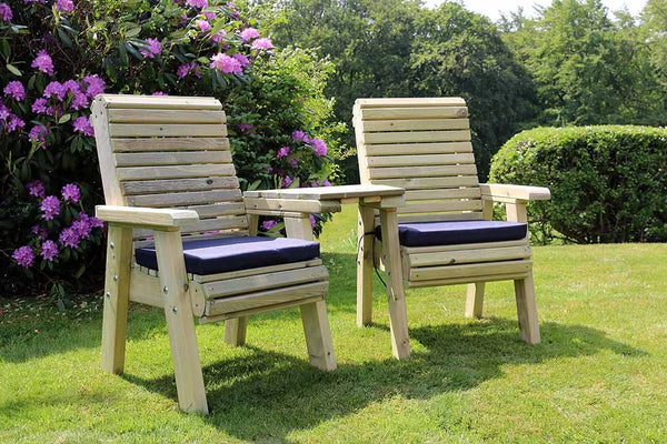 Ergo Chunky Wooden Garden Companion Love Seats with Angled Central Tray
