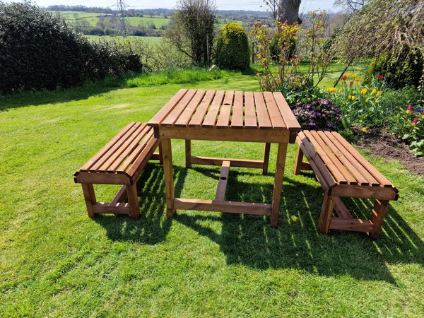 Contemporary Chunky Wooden Outdoor Picnic Style Table And Bench Set - Seats 4