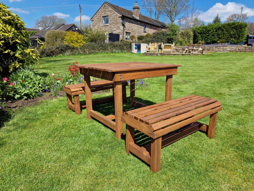 Contemporary Chunky Wooden Outdoor Picnic Style Table And Bench Set - Seats 4