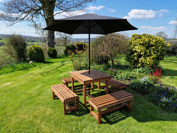 Contemporary Chunky Wooden Large Garden Dining Table And Bench Set - Seats 8