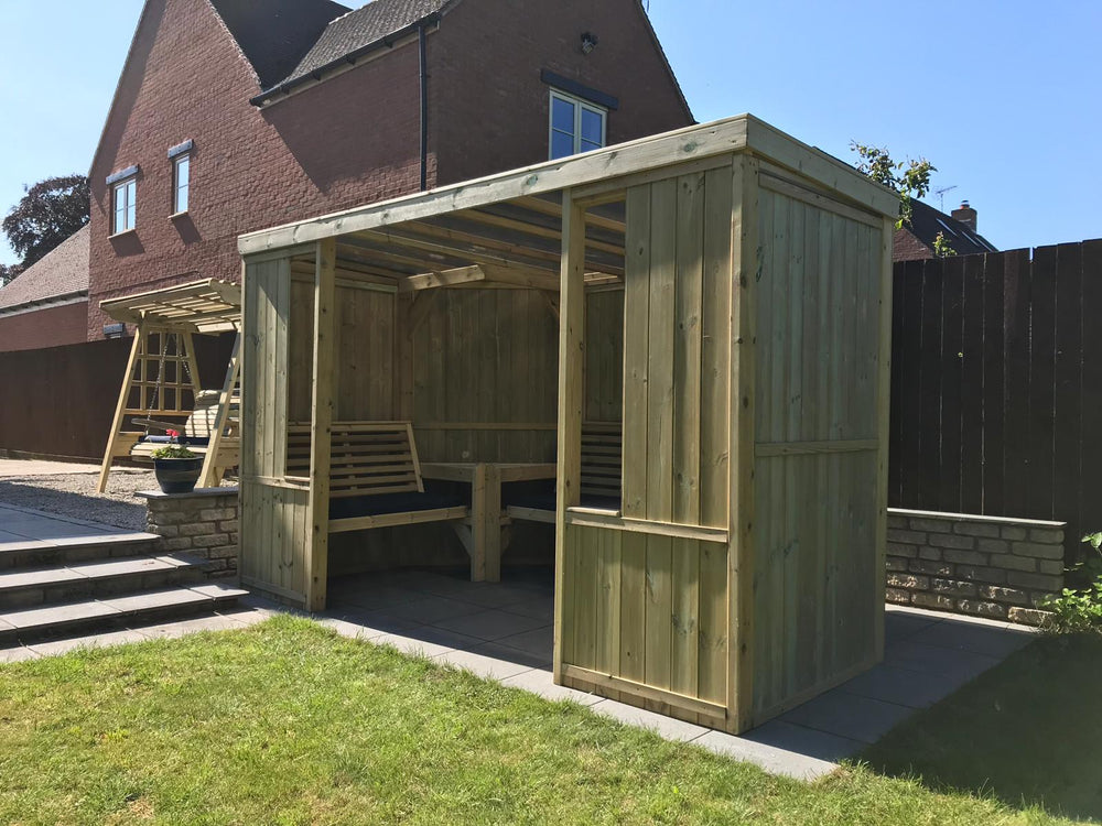Riviera Enclosed Large Chunky Wooden Garden Arbour with Triple Benches