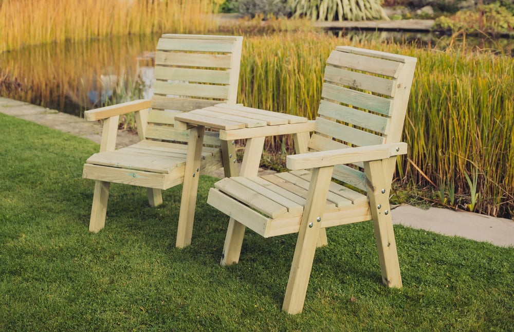 Clover Chunky Wooden Companion Garden Love Seats With Angled Central Tray Table