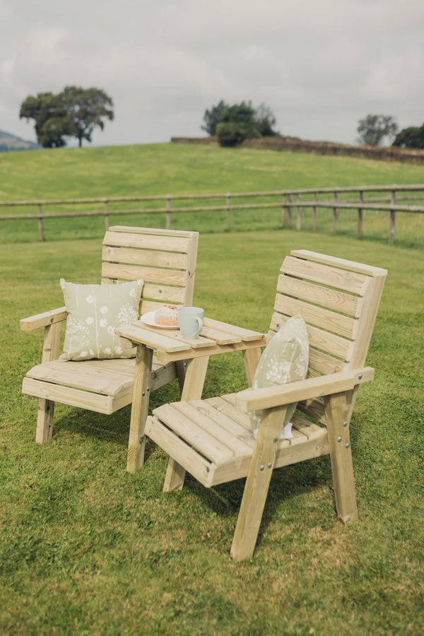 Clover Chunky Wooden Companion Garden Love Seats With Angled Central Tray Table