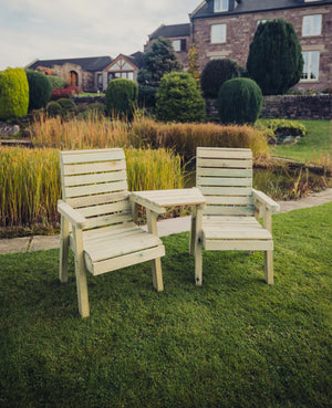 Clover Chunky Wooden Companion Garden Love Seats With Angled Central Tray Table
