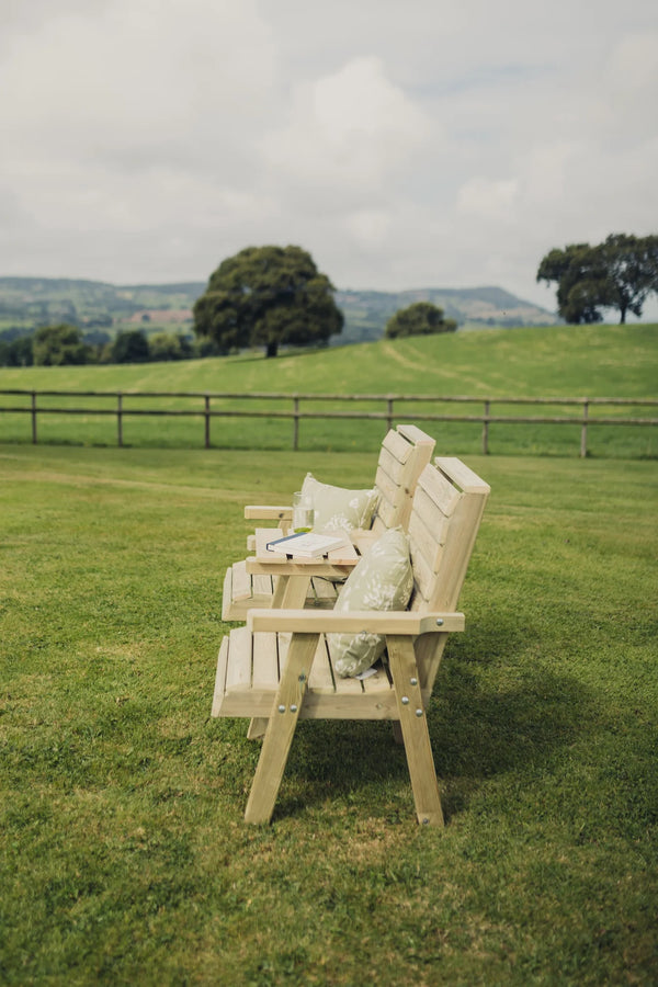 Clover Chunky Wooden Garden Companion Love Seats With Straight Central Tray Table