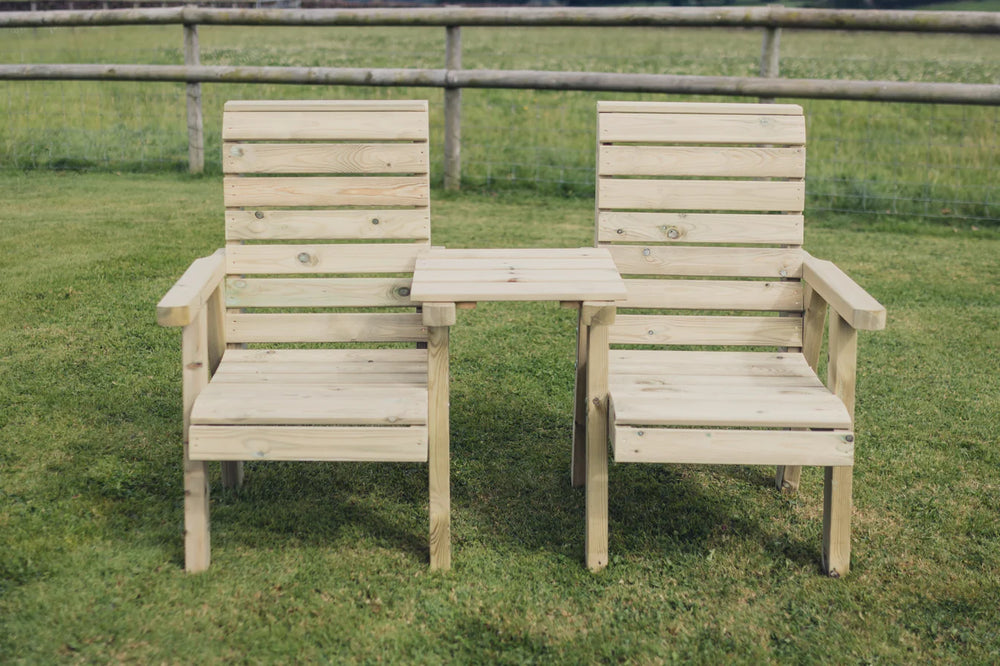 Clover Chunky Wooden Garden Companion Love Seats With Straight Central Tray Table
