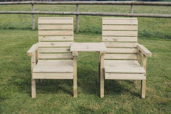 Clover Chunky Wooden Garden Companion Love Seats With Straight Central Tray Table