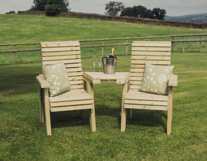 Ergo Chunky Wooden Garden Companion Love Seats with Angled Central Tray