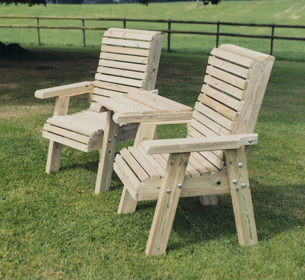 Ergo Chunky Wooden Garden Companion Love Seats with Angled Central Tray