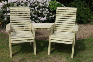 Ergo Chunky Wooden Garden Companion Love Seats with Angled Central Tray