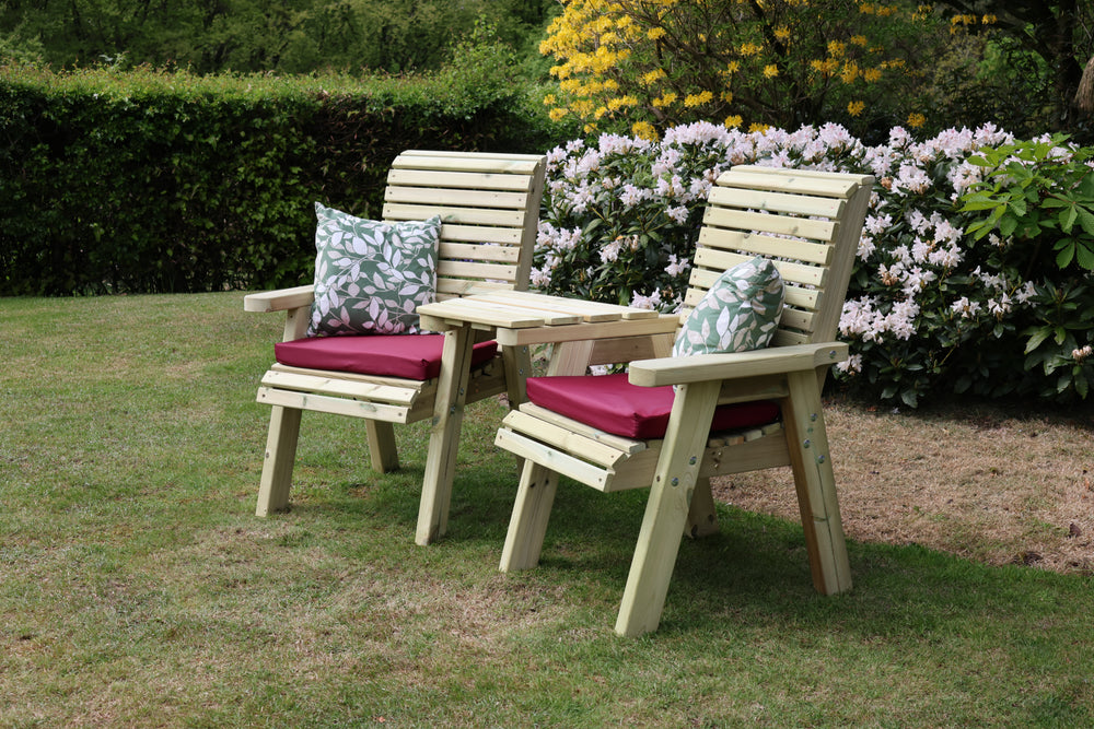 Ergo Chunky Wooden Garden Companion Love Seats with Angled Central Tray