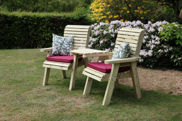 Ergo Chunky Wooden Garden Companion Love Seats with Angled Central Tray