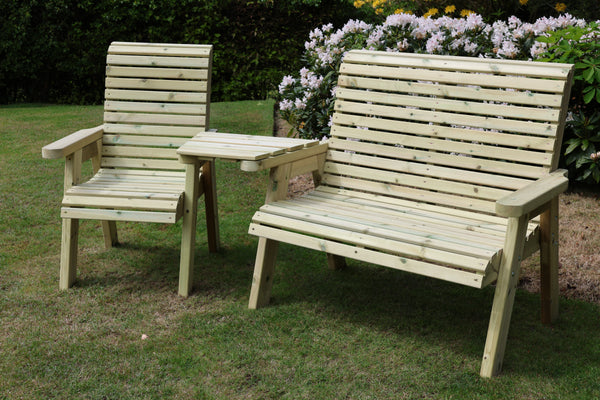 Ergo Chunky Wooden Trio Garden Love Seat & Bench with Angled Central Tray