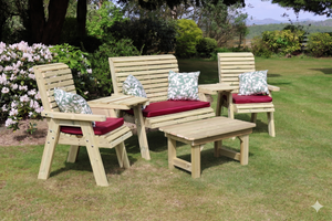 Ergo Chunky Wooden Love Seats & Bench Set - 2 Chairs, 1 Bench & Coffee Table