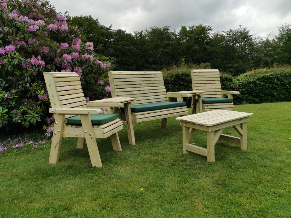 Ergo Chunky Wooden Multi Love Seats & Bench Set - 2 Chairs, 1 Bench & Coffee Table
