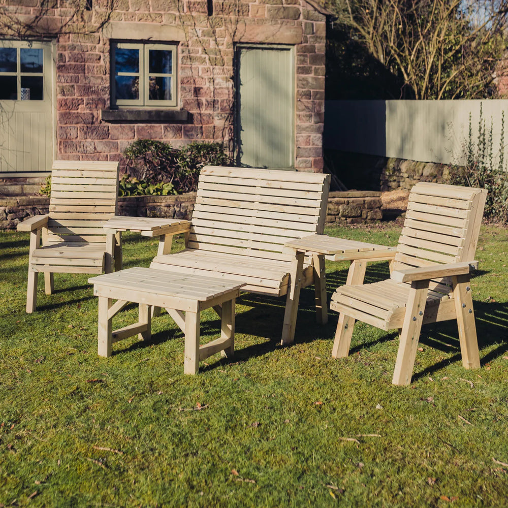 Ergo Chunky Wooden Multi Love Seats & Bench Set - 2 Chairs, 1 Bench & Coffee Table