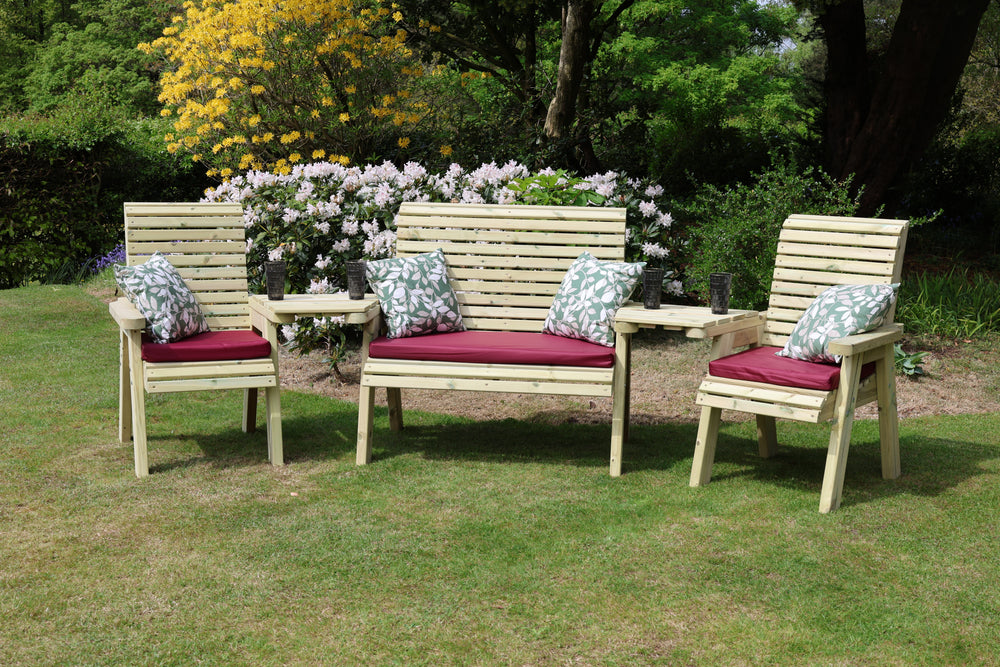 Ergo Chunky Wooden Love Seats & Bench Set - 2 Chairs, 1 Bench & Coffee Table