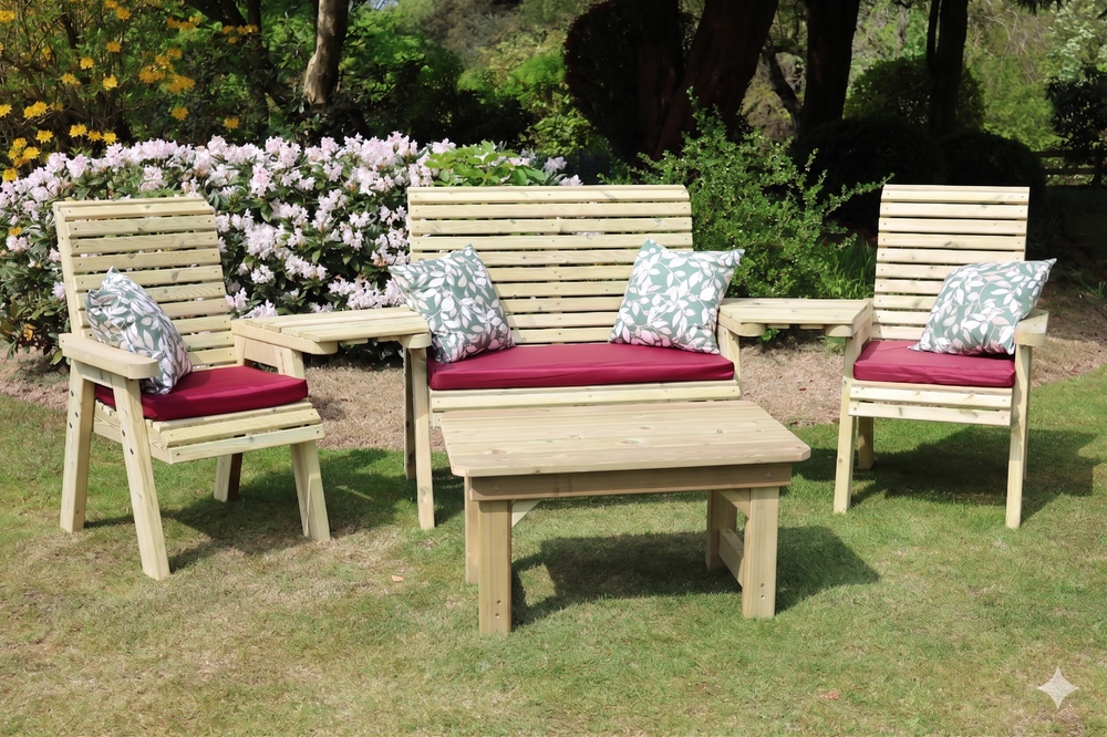 Ergo Chunky Wooden Love Seats & Bench Set - 2 Chairs, 1 Bench & Coffee Table