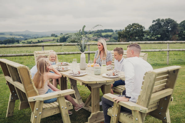 Ergo 6 Seater Chunky Wooden Garden Dining Table Set with 2 Chairs & 2 Benches