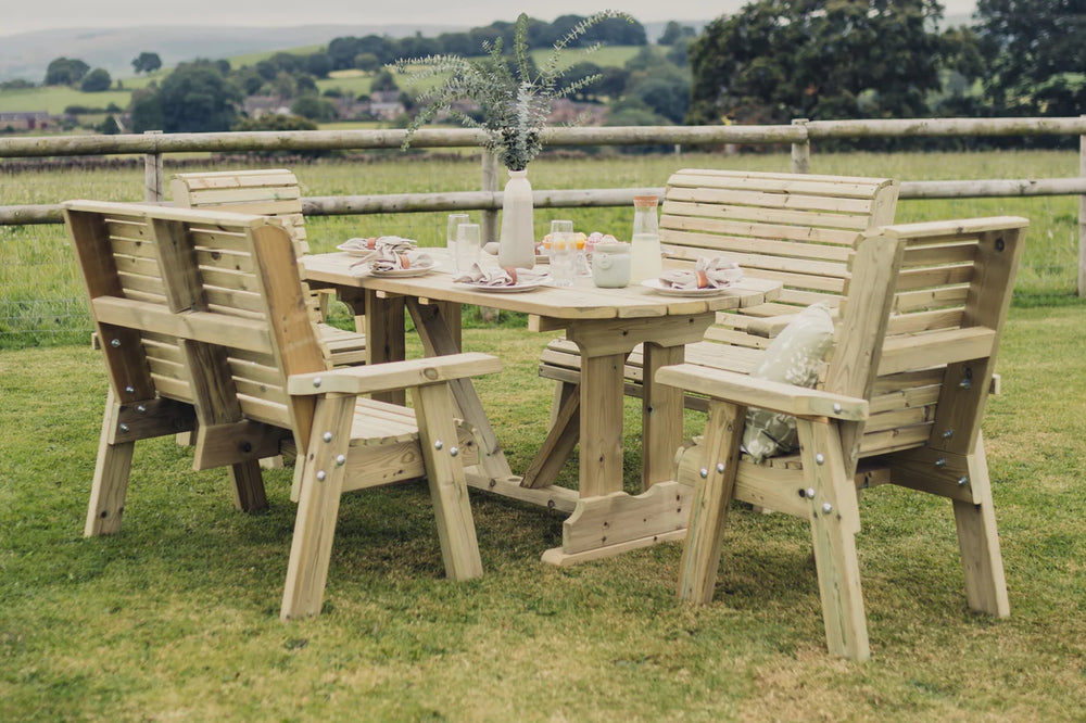 Ergo 6 Seater Chunky Wooden Garden Dining Table Set with 2 Chairs & 2 Benches