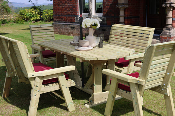 Ergo 6 Seater Chunky Wooden Garden Dining Table Set with 2 Chairs & 2 Benches