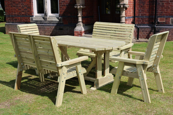 Ergo 6 Seater Chunky Wooden Garden Dining Table Set with 2 Chairs & 2 Benches