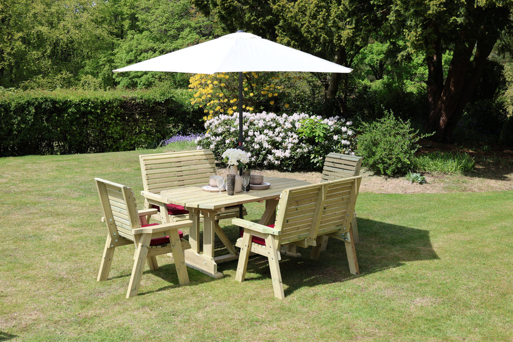 Ergo 6 Seater Chunky Wooden Garden Dining Table Set with 2 Chairs & 2 Benches