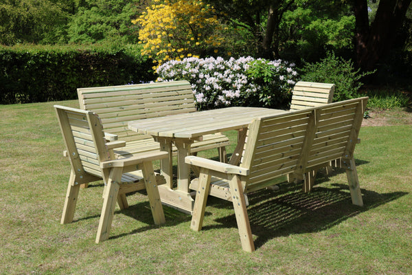 Ergo 8 Seat Chunky Wooden Garden Dining Table Set with 2 Benches & 2 Chairs