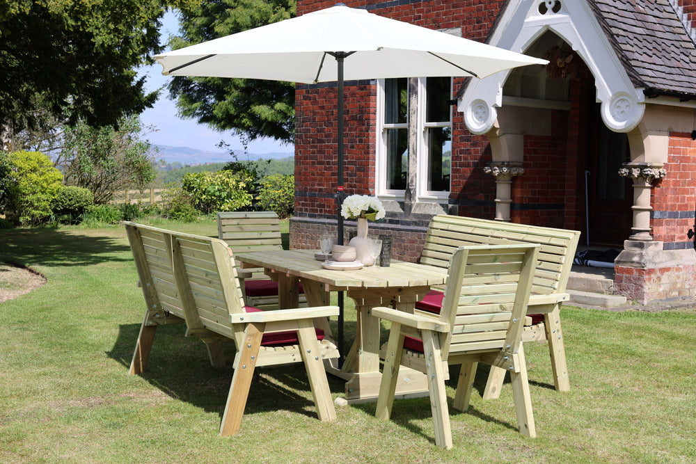 Ergo 8 Seat Chunky Wooden Garden Dining Table Set with 2 Benches & 2 Chairs