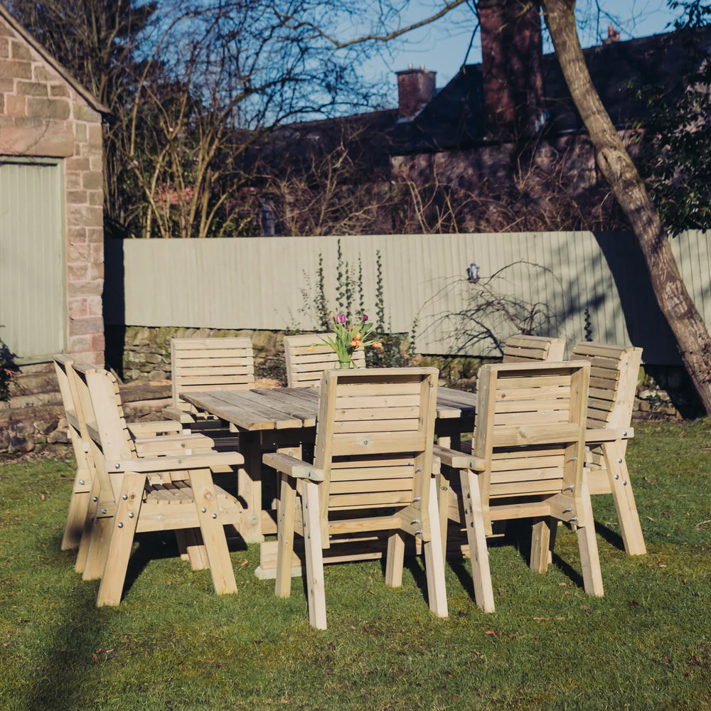 Ergo 8 Seater Chunky Wooden Garden Dining Table Set - 8 Chairs