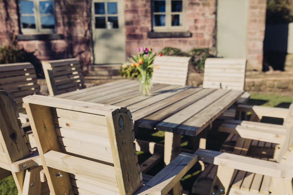 Ergo 8 Seater Chunky Wooden Garden Dining Table Set - 8 Chairs