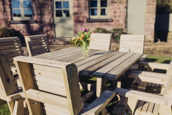 Ergo 8 Seater Chunky Wooden Garden Dining Table Set - 8 Chairs