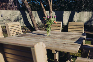 Ergo 8 Seater Chunky Wooden Garden Dining Table Set - 8 Chairs