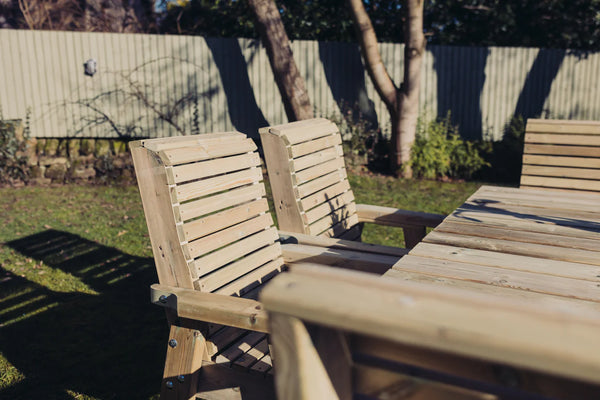 Ergo 8 Seater Chunky Wooden Garden Dining Table Set - 8 Chairs