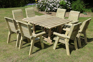 Ergo 8 Seater Chunky Wooden Garden Dining Table Set - 8 Chairs