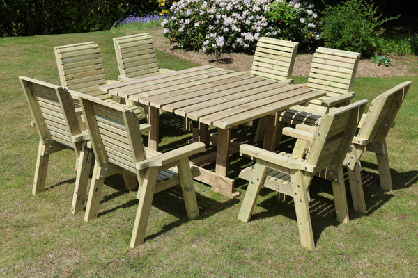 Ergo 8 Seater Chunky Wooden Garden Dining Table Set - 8 Chairs