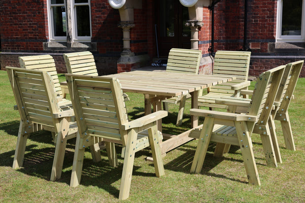 Ergo 8 Seater Chunky Wooden Garden Dining Table Set - 8 Chairs