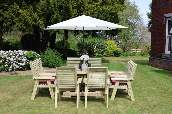 Ergo 8 Seater Chunky Wooden Garden Dining Table Set - 8 Chairs