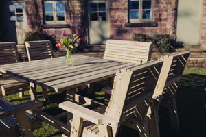 Ergo 8 Seater Chunky Wooden Garden Dining Square Table Set with Chairs & Benches