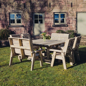 Ergo 8 Seater Chunky Wooden Garden Dining Square Table Set with Chairs & Benches