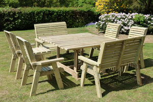 Ergo 8 Seater Chunky Wooden Garden Dining Square Table Set with Chairs & Benches
