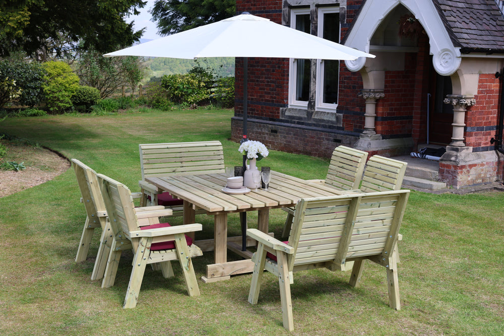 Ergo 8 Seater Chunky Wooden Garden Dining Square Table Set with Chairs & Benches