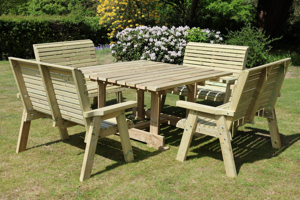 Ergo 8 Seater Chunky Wooden Garden Dining Square Table Set - 4 Double Benches