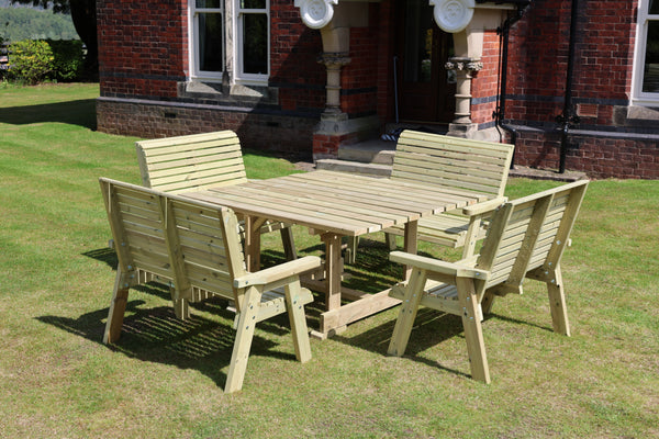 Ergo 8 Seater Chunky Wooden Garden Dining Square Table Set - 4 Double Benches