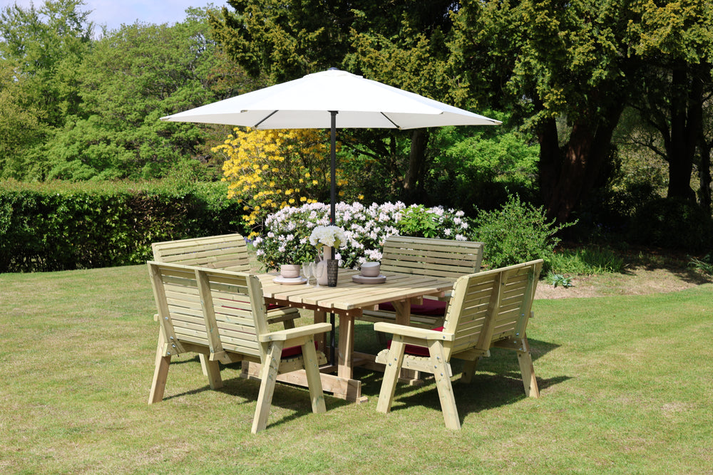 Ergo 8 Seater Chunky Wooden Garden Dining Square Table Set - 4 Double Benches