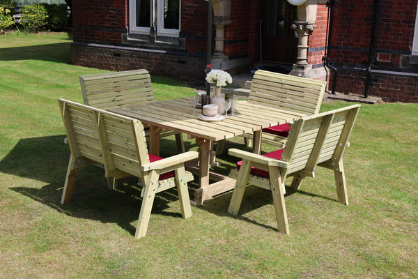 Ergo 8 Seater Chunky Wooden Garden Dining Square Table Set - 4 Double Benches